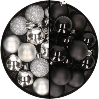 36x stuks kunststof kerstballen zilver en zwart 3 en 4 cm