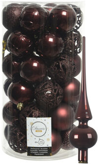 37x stuks kunststof kerstballen 6 cm incl. glans glazen piek mahonie bruin - Kerstbal