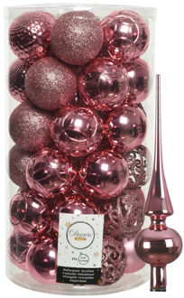 37x stuks kunststof kerstballen 6 cm incl. glanzende glazen piek lippenstift roze - Kerstbal