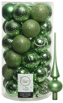 37x stuks kunststof kerstballen 6 cm incl. matte glazen piek groen - Kerstbal