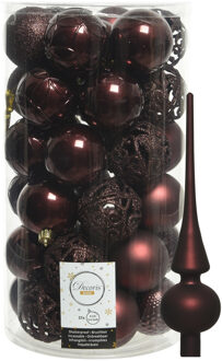 37x stuks kunststof kerstballen 6 cm incl. matte glazen piek mahonie bruin - Kerstbal