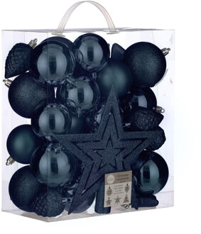 39x stuks kunststof kerstballen en kerstornamenten met ster piek donkerblauw mix