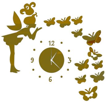 3D Art Spiegel Vlinder Fee Muursticker Klok Sticker Diy Kinderkamer Home Decor Ow goud
