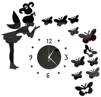 3D Art Spiegel Vlinder Fee Muursticker Klok Sticker Diy Kinderkamer Home Decor Ow zwart
