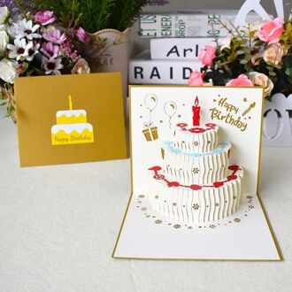 3D Gelukkige Verjaardag Wenskaarten Met Papier Cake Ansichtkaarten Uitnodigingen Met Envelop Party Anniversary Supply goud
