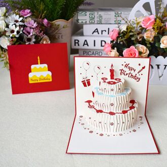 3D Gelukkige Verjaardag Wenskaarten Met Papier Cake Ansichtkaarten Uitnodigingen Met Envelop Party Anniversary Supply rood