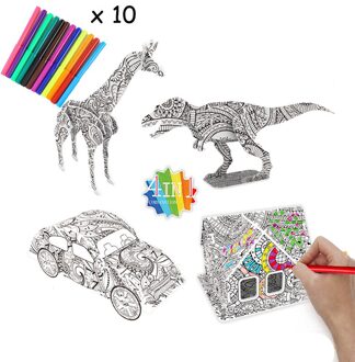 3D Graffiti Puzzel Schilderij Papier Karton Kinderen Educatief Schilderij Set Met Potlood Dinosaurus Vliegtuig Huis A 4stk