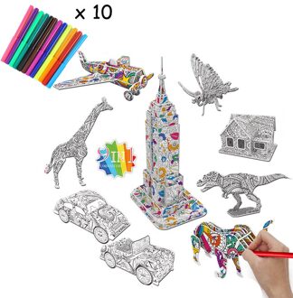 3D Graffiti Puzzel Schilderij Papier Karton Kinderen Educatief Schilderij Set Met Potlood Dinosaurus Vliegtuig Huis D 9stk