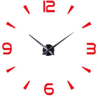 3D Grote Diy Wandklok Frameloze Mute Non Tikkende Quartz Klokken Kit Met Spiegel Nummer Sticker Voor Slaapkamer Decor rood