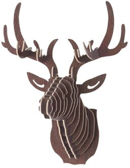 3D Herten Hoofd Muur Decor Houten Diy Animal Art Elanden Model Huis Muur Opknoping Decoratie Opslag Houders Rekken Pronkstuk decor bruin