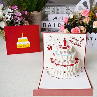 3D Pop-Up Kaarten Verjaardagskaart Voor Meisje Kinderen Vrouw Man Verjaardagstaart Eenhoorn Beer Merry-Go-ronde Wenskaart Cake rood