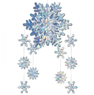 3D sneeuwvlok hangdecoratie mobiel - iriserend - 56 cm - winter thema versiering Wit