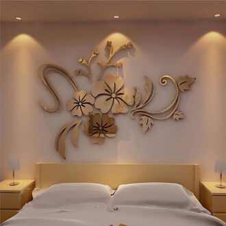 3D Spiegel Acryl Muur Sticker Bloemen Liefde Art Verwijderbare Acryl Mural Decal Home Woonkamer Decoratie Romantische Applique goud