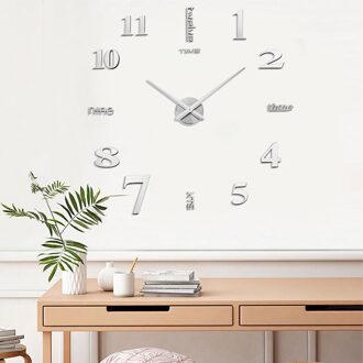 3D Sticker Wandklok Grote Moderne Klok Oversized Thuis Eetkamer Hotel Coffee Shop Badkamer Decoratie Ornamenten zilver