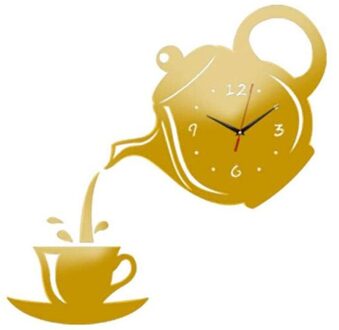 3D Wall Art Klok Stickers Acryl Koffiekopje Theepot Zelfklevende Spiegel Diy Wandklok Keuken Thuis Woonkamer Decoratie goud