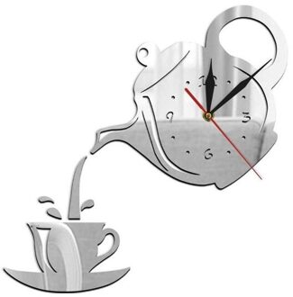 3D Wall Art Klok Stickers Acryl Koffiekopje Theepot Zelfklevende Spiegel Diy Wandklok Keuken Thuis Woonkamer Decoratie zilver
