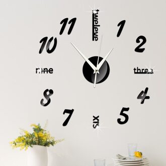 3d Wandklok Kleine Maat 17 Inch Multi Kleuren Optie Acryl Spiegel Gezicht Thuis Woonkamer Decoratie Klassieke Stijl Muur stickers zwart