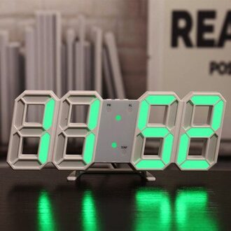 3D Wandklok Led Usb Digitale Wekker Moderne Nachtlampje Tafel Klok Woonkamer Decoratie Elektronische Muur Horloge wit kader groen