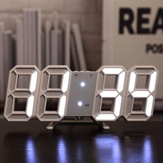 3D Wandklok Led Usb Digitale Wekker Moderne Nachtlampje Tafel Klok Woonkamer Decoratie Elektronische Muur Horloge wit kader wit