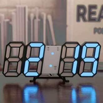 3D Wandklok Led Usb Digitale Wekker Moderne Nachtlampje Tafel Klok Woonkamer Decoratie Elektronische Muur Horloge zwart kader blauw