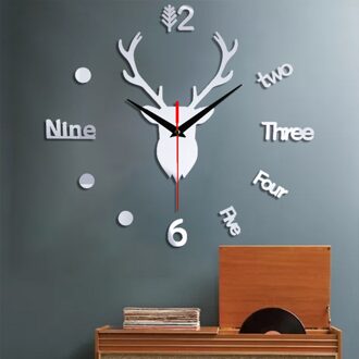 3d Wandklok Spiegel Muurstickers Herten Hoofd Creatieve Diy Grote Wandklok Quartz Horloge Art Decal Sticker Woonkamer Home decor