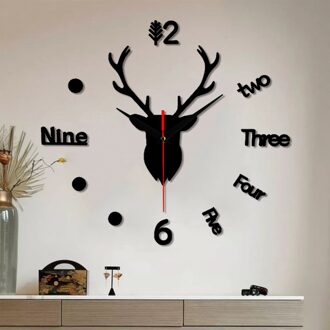 3d Wandklok Spiegel Muurstickers Herten Hoofd Creatieve Diy Grote Wandklok Quartz Horloge Art Decal Sticker Woonkamer Home decor
