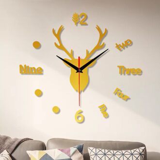 3d Wandklok Spiegel Muurstickers Herten Hoofd Creatieve Diy Grote Wandklok Quartz Horloge Art Decal Sticker Woonkamer Home decor