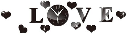 3D Wandklok Spiegel Sticker Mute Liefde Hart Diy Home Office Decoratie Wxv zwart