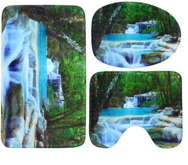 3D Waterval Landschap Waterdicht Douchegordijn Badkamer Landschap Bomen Bloem Badmat Set Voetstuk Tapijt Deksel Wc Cover B mat