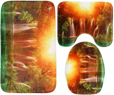 3D Waterval Landschap Waterdicht Douchegordijn Badkamer Landschap Bomen Bloem Badmat Set Voetstuk Tapijt Deksel Wc Cover D mat