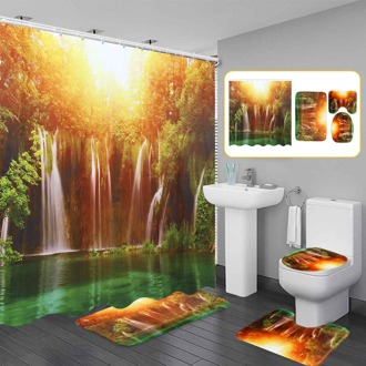 3D Waterval Landschap Waterdicht Douchegordijn Badkamer Landschap Bomen Bloem Badmat Set Voetstuk Tapijt Deksel Wc Cover E reeks