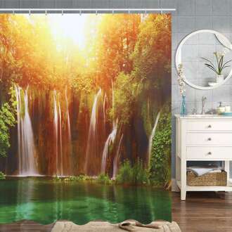 3D Waterval Landschap Waterdicht Douchegordijn Badkamer Landschap Bomen Bloem Badmat Set Voetstuk Tapijt Deksel Wc Cover F douche curtain