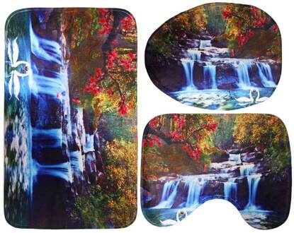 3D Waterval Landschap Waterdicht Douchegordijn Badkamer Landschap Bomen Bloem Badmat Set Voetstuk Tapijt Deksel Wc Cover H mat