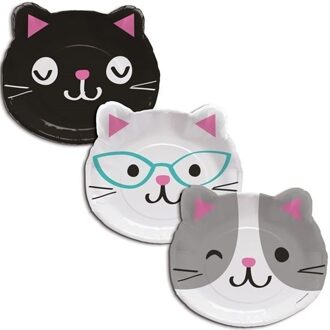 3D wegwerp katten/poezen thema feestbordjes - 23 cm - 8x stuks - karton - Verjaardag Multi
