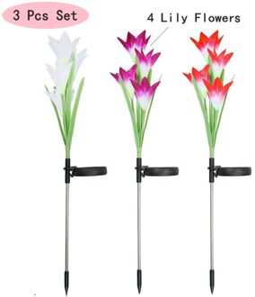 3Pc 4 Hoofd Lelie Bloem Solar Light Kleurrijke Led Decoratieve Outdoor Gazon Lamp Huis Tuin IP65 Waterdicht Nep Bloem nachtlampje 3 stk
