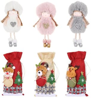3Pc Kerst Rode Wijn Fles Covers Bag & 3Pcs Angel Pop Xmas Tree Ornament Noel Decor Vrolijk Kerstfeest decoratie