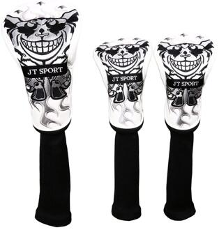 3pcs 1 3 5 Driver Fairway Wood Golf Club Headcover Leather & Gebreide Stiksels met Schedel Borduurwerk Head Cover met Geen. tag 1 3 5 wit