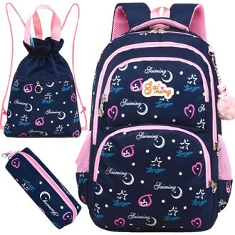 3Pcs Afdrukken Schooltassen Voor Meisjes Tiener Schooltas School Rugzakken Voor Kinderen Kids Reistas Zwart Bagpack donker blauw