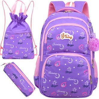 3Pcs Afdrukken Schooltassen Voor Meisjes Tiener Schooltas School Rugzakken Voor Kinderen Kids Reistas Zwart Bagpack paars