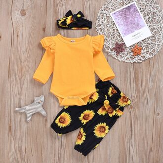3Pcs Baju Meisje Peuter Romper Zonnebloem Bodysuit + Broek Met Hoofdband Katoen Set 6m