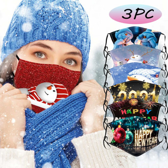 3Pcs Christmas New Year's Day Print Adult Mask With 3Pcs Filters Reusable Breathable Mask Washable Protective Mouth Mask masques