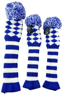 3Pcs Gebreide Golf Club Head Covers Fairway Wood Headcover Protector Guard donker blauw wit