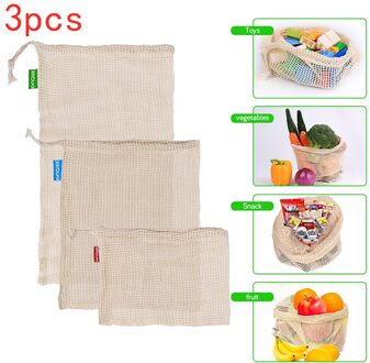 3Pcs Herbruikbare Produceren Zakken Katoen Netto Zakken Voor Opslag Fruit Groente Met Koord Organizer Opslag Netje Eco Vriendelijke