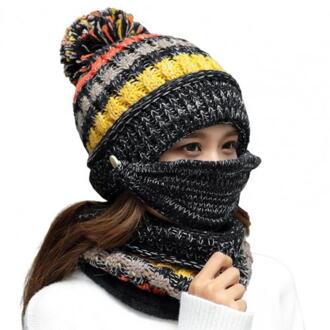 3Pcs Hoed Multicolor Warme Wollen Garen Kabel Muts Voor Skiën zwart