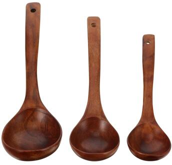 3Pcs Houten Lepels Lange Steel Soep Lepels Huishoudelijke Servies (Assorti Kleur)