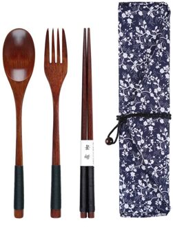 3Pcs Koreaanse/Japan Houten Servies Vork Lepel Eetstokjes Massief Hout Food Grade Lepel Eetstokjes Draagbare Servies Keuken Tool Japan 02