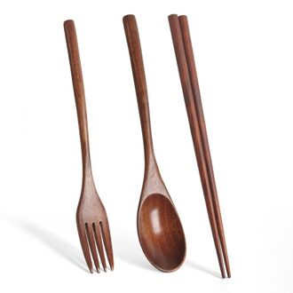 3Pcs Koreaanse/Japan Houten Servies Vork Lepel Eetstokjes Massief Hout Food Grade Lepel Eetstokjes Draagbare Servies Keuken Tool Korean 03
