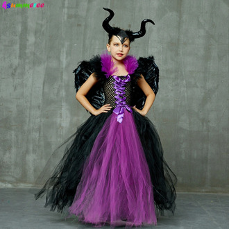 3PCS Maleficent Halloween Costume Dress Deluxe Girls Fancy Christening Black Glam Gown Tutu Dress Kids Demon Queen Witch Clothes