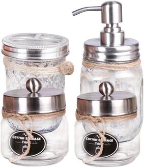 3Pcs Mason Jar Zeepdispenser Houder Transparante Food Grade Rvs Badkamer Accessoires Set zilver