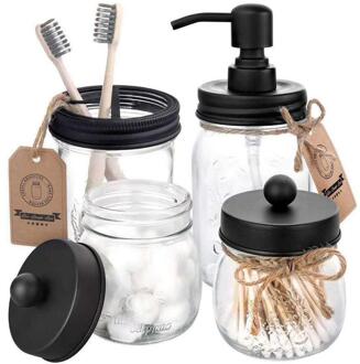 3Pcs Mason Jar Zeepdispenser Houder Transparante Food Grade Rvs Badkamer Accessoires Set zwart